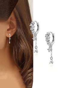 GAGAFEEL 1 Pair 925 Sterling Silver Elegant Shiny Zirconia Water Drop Tassel Earrings, Women's Fashion Luxury Hoop Earrings, Suitable For Daily Wear, Party Accessories, Gift - Silver - View 2