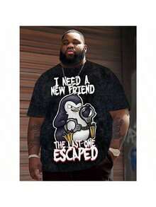 Camiseta Casual para Hombre de Talla Grande, Cuello Redondo de Poliéster con Ligera Elasticidad, Ajuste Regular, con Estampado de Pingüino 3D, para Estilo de Calle y Club - Negro - Ver 7