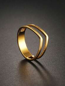 1pc Gold Stainless Steel Double Layer V-Shaped Ring For Men - Gold - View 7