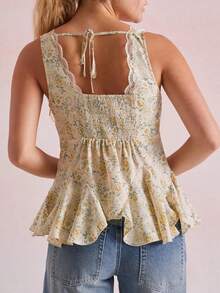 Women's V Neck Wide Strap Crop Tank Tops Slim Fit Sleeveless Going Out Top Lace Trim Peplum Ruffle Hem Back Tie Cutout Cami Tops Fashion Printed Casual Halter Tops - màu xanh lá - Xem 2