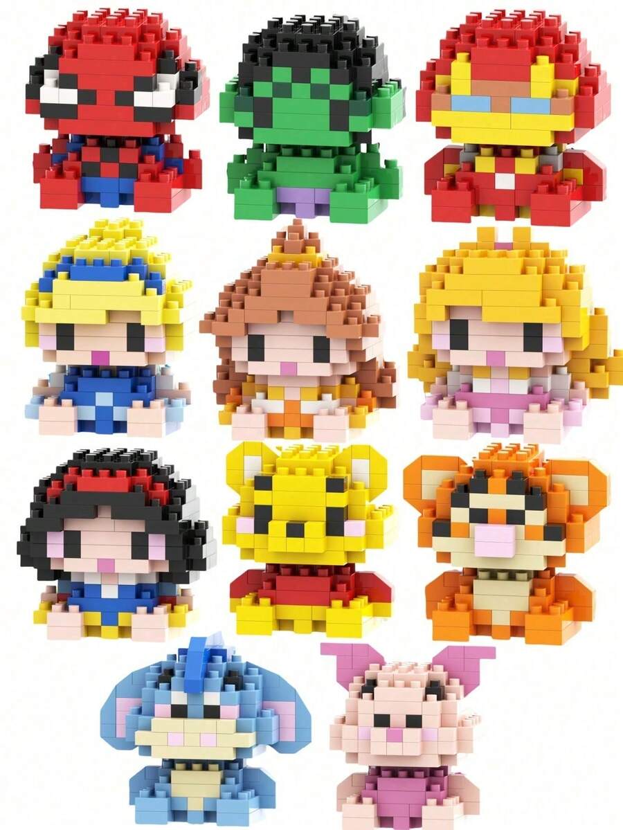 5cm High Marvel Spider-Man Winnie The Pooh Princess Building Blocks Puzzle Toy, Suitable For Educational DIY, Desktop Decor For Block Lovers, Ideal Birthday Gift, Party Photo Prop, Back To School Supplies. Also Suitable As Christmas, Birthday Gift And Cartoon Character Toy. - Multicolor - View 1