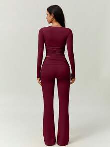 NcmRyu 1 Set Women Seamless Comfortable Fitness Exercise Running Outdoor Christmas Long Sleeve Top And Pants Sports Suit - Burgundy - View 3