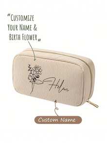 Customizable Makeup Bag/Storage Bag, Minimalist Rectangular Corduroy Makeup Bag With Floral Pattern, Can Customize Name, Storage Pouch, Zipper Travel Cosmetic Organizer Bag, Portable Handbag, Large Capacity Women's Travel Makeup Bag, 5 Color Options, Gift For Women, Girlfriend, Best Friend