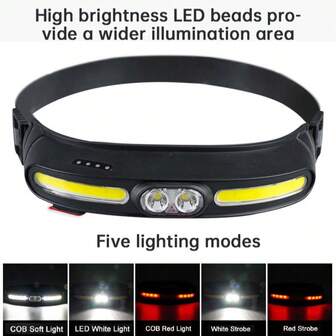 KENSUN 1 pieza Linterna frontal de 210° de ángulo amplio con COB+LED, 350 lúmenes de luz suave, recargable por USB-C, luz roja, banda ajustable