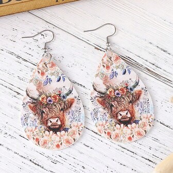 Retro Western Floral Highland Cow Teardrop Earring Cow Head Flower Print Teardrop Shape Dangle Earrings PU Leather Jewelry Female MOM Gifts