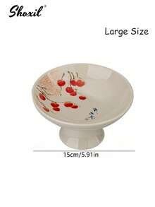 shoxil 1件高脚陶瓷碗，甜点盘，椰枣托盘，水果盘，兰花/柿子/竹叶图案，东亚文化风格，适用于家庭、餐厅聚会