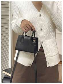 Bolso de mano de unicolor de PU, bolso cuadrado pequeño minimalista y casual, bolso de hombro mini para ir al trabajo, bolso cruzado de moda para exteriores - Negro - Ver 2