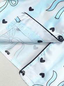 [Dreamery]Striped Bow Print Women Poplin Short Sleeve Shorts Pajama Set - Baby Blue - View 8