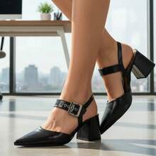 Women's Pumps Open Toe Comfortable High Heel Block Buckle Eyelet 18,400 - Black - View 1