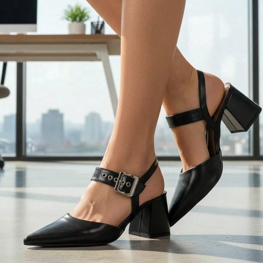 Women's Pumps Open Toe Comfortable High Heel Block Buckle Eyelet 18,400 - Black - View 1