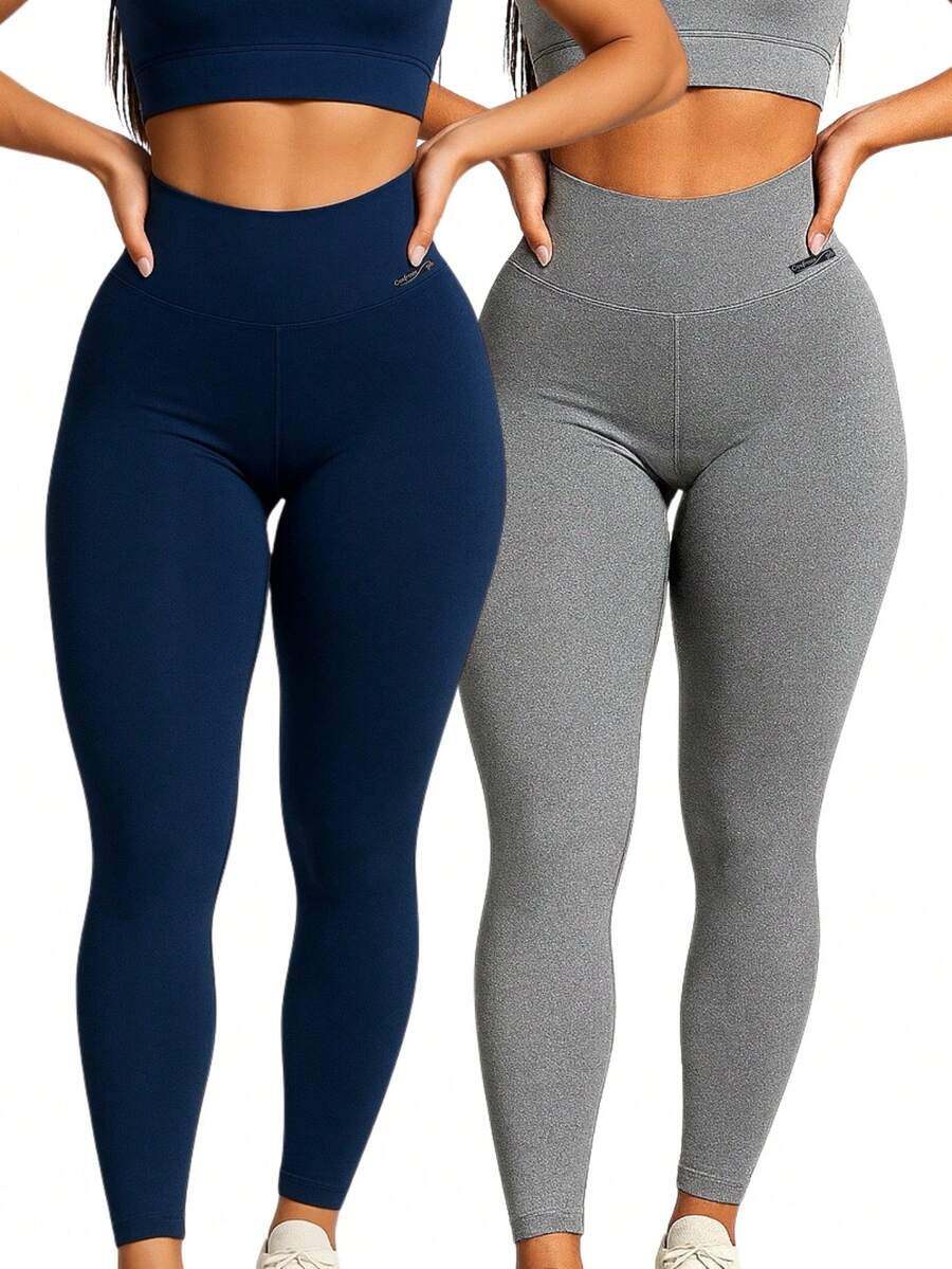 Set Of 2 High-Waisted Leggings With No Transparency - 1 Xanh navy + 1 Xám - Xem 1