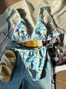 New Arrival Women's Casual Cute Ditsy Floral Tie-Front Bikini Swimsuit 2-Piece Set - Multicolor - View 5