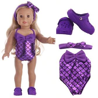 Conjunto de traje de baño de sirena morado y sandalias de playa de 18" (muñeca no incluida)
