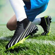 一双男女通用足球鞋，适合比赛和训练，低帮设计，柔软舒适，适合户外草地，系带，防滑，耐用，橄榄色鞋钉，适用于AG/FG场地，轻便，高性能，防滑设计，高帮专业足球鞋，厂家直销，多种颜色可选 - 黑色 - 查看 6