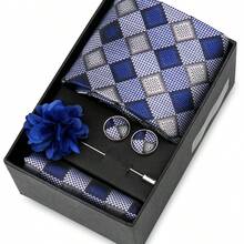 男士正式婚礼领带套装，涤纶面料领带，口袋巾，袖扣，胸针礼盒套装，金色格子图案 - 混色 - 查看 11