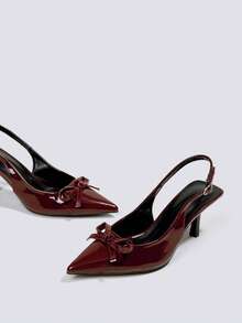 Sapatos Formais de Salto Alto Bordô de 7cm, Salto Gatinho com Decoração de Laço, Sandálias de Bico Fino com Elástico