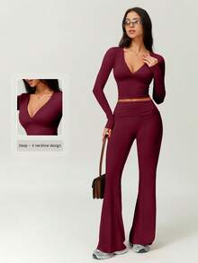 NcmRyu 1 Set Women Seamless Comfortable Fitness Exercise Running Outdoor Christmas Long Sleeve Top And Pants Sports Suit - Burgundy - View 2