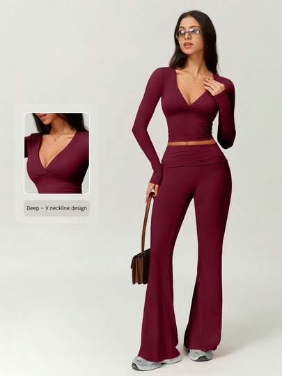 NcmRyu 1 set kvinnor sömlös bekväm fitness träning löpning utomhus jul långärmad topp och byxor sportdräkt