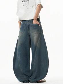 1 pieza Jeans rectos con diseño de parches y lavado vintage desgastado de ajuste holgado para hombre (Cinturón y accesorios no incluidos) - Azul - Ver 7