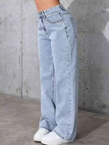 Teen Girls' Loose Fit Straight Leg Jeans With Pockets, Casual & Versatile - Light Wash - View 2