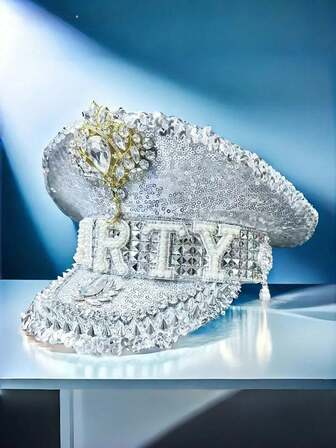 HongLuan 1pc Shiny Polyester Steampunk Rhinestone Captain Hat For Women & Men, Military Cap, Suitable For Bachelorette Party, Cosplay, Christmas, Carnival, Bar, Bachelor Party Warm Accessories