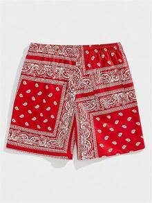 Men's Boho Paisley Print Drawstring Waist Summer Shorts With Pocket - Bright Red - View 3