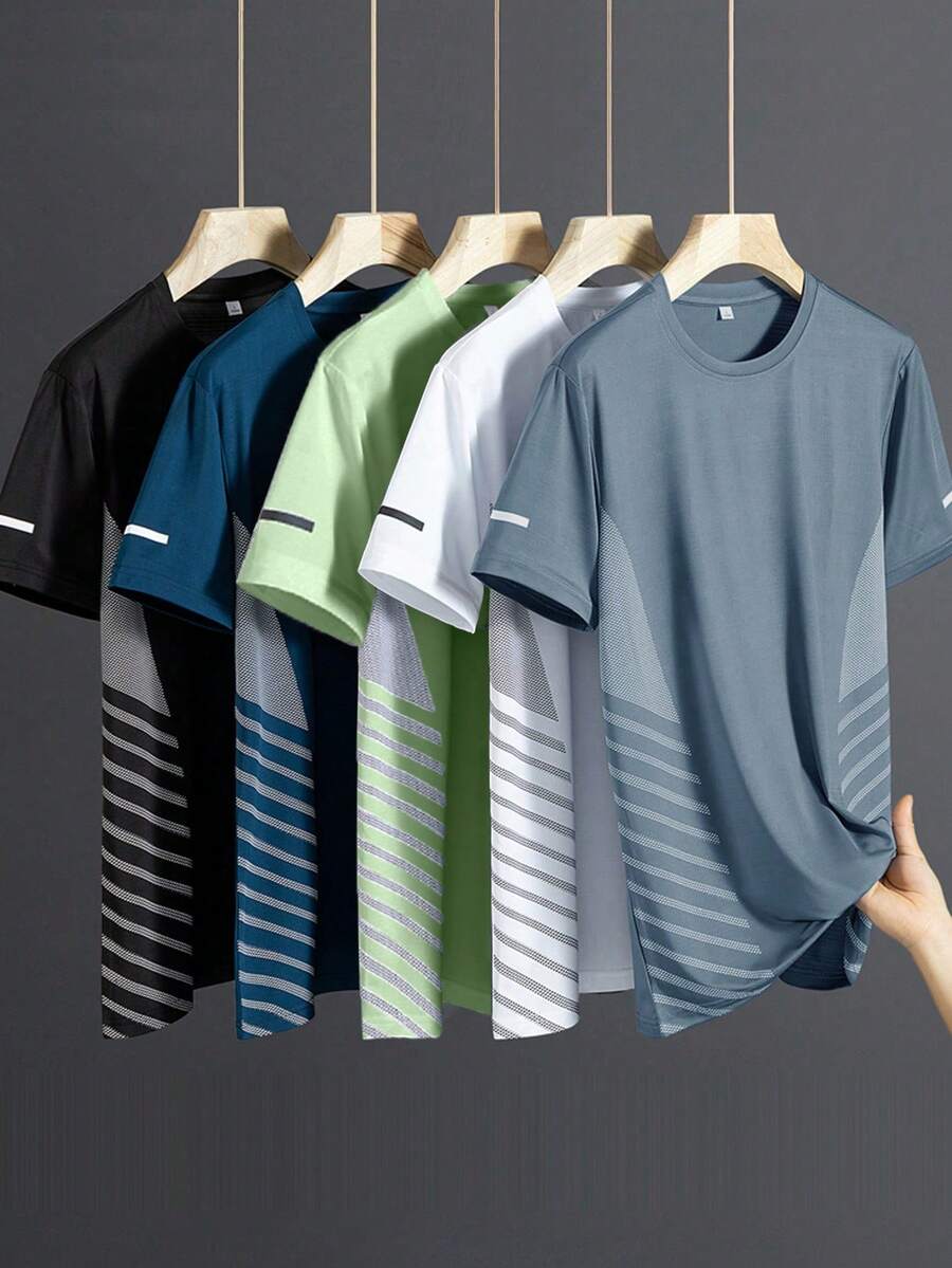 5pcs/Set Men's Quick Dry T-Shirts, Soft & Stretchy Hiking Fishing Breathable Short Sleeve Tees, Outdoor Sports Tops For Summer