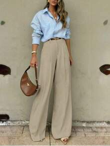 Straight-Leg, Wide-Legged Suit Trousers. Floor-Length. - 杏色 - 查看 2