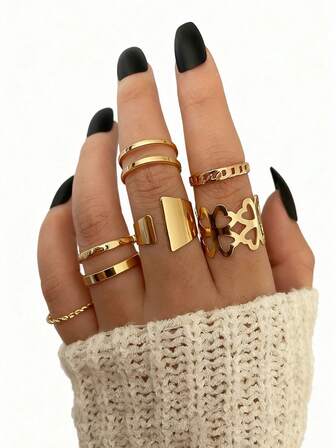 Punk Chain Fourleaf Clover Hollow Geometric Gold Stackable Rings Set Adjustable Women's Fashion Jewelry
