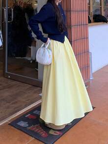 Dopamine Midi A-Line Flared Skirt, High Waist Casual Pleated Skirt For Petite Women, Summer, Yellow