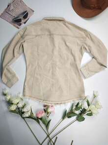 Women's Winter Street Style Oversized Frayed Denim Jacket With Elegant Shirt Collar