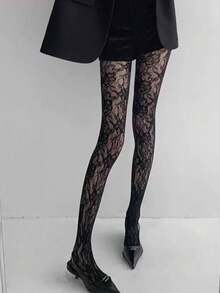 女士性感向日葵花卉提花系带渔网袜/连裤袜 时尚网眼长袜 高弹力甜美性感打底裤 - 黑色 - 查看 5