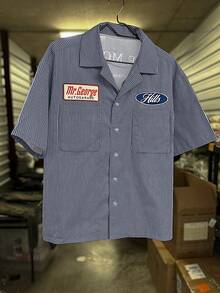 男士休闲条纹标语印花短袖衬衫，夏季 - 灰色 - 查看 3