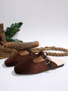 Retro Flat Slip-On Mule Sandals For Women, Spring/Summer, New Slouchy Backless Shoes With Metal Buckle - Coffee Brown - View 7