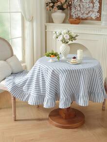 1pc Japanese Style Solid Color Rattan Lotus Edge Round Tablecloth, Woven Fabric, Suitable For Small Gardens, Outdoor Cafes, Kitchens, Bedrooms, All-Season Dining Table Decor - Yarn-dyed Rice Stripe Ruffles - View 5