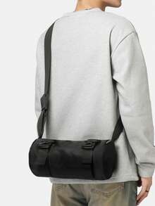Men's Shoulder & Crossbody Bag - Black Functional Cylindrical Bag, Nylon Military Style Messenger Bag, Multi-Buckle Design Men's Shoulder Bag, Casual Street Lightweight Carry-On Bag - Black - View 2