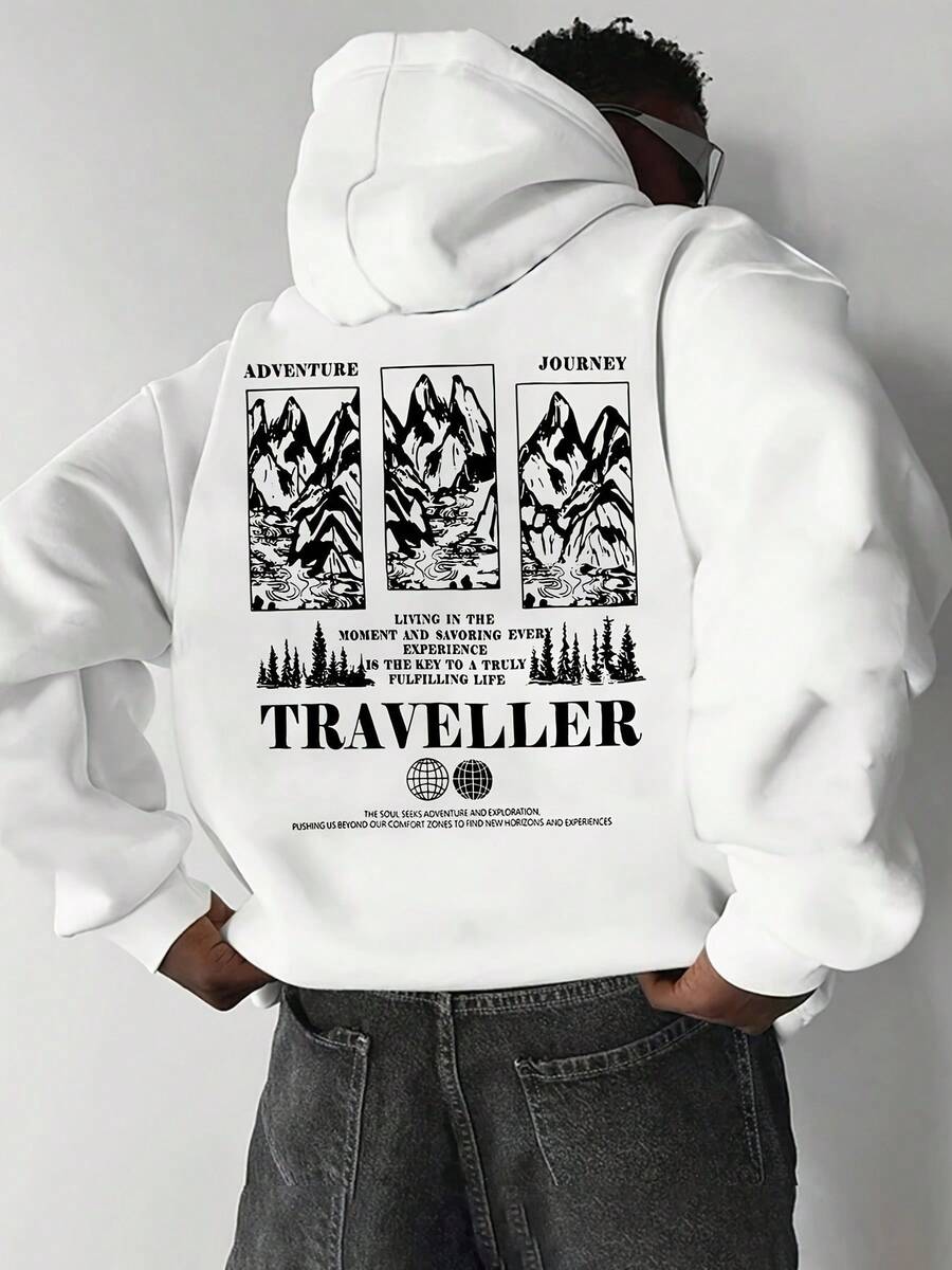 New Hot Selling TRAVELLER Mountain Illustration Hoodie, Travel Themed Artistic Loose Hooded Hoodie, Hot Selling Top - 白色 - 查看 1