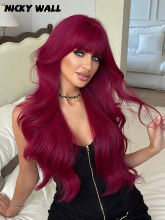 NICKY WALL 26Inch Long Wavy Velvet Wine Wig For Women,Gorgeous Wave Curly Wigs With Full Bangs Fluffy Natural Curly-Fashionable Synthetic Heat-Resistant Fiber Wig Festival Ready Party Use, Girls Gift - Beginners Glueless Wig Accessories Daily Use