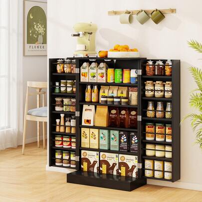 COSTWAY 41" Freestanding Pantry Cabinet, 5-Tier Kitchen Storage Cabinet W/ 2 Doors, 17 Shelves & 12 Guardrails, 3-Level Adjustable Shelves, Food Cabinet W/ Anti-Toppling Kit For Dining Room, Living Room, Black