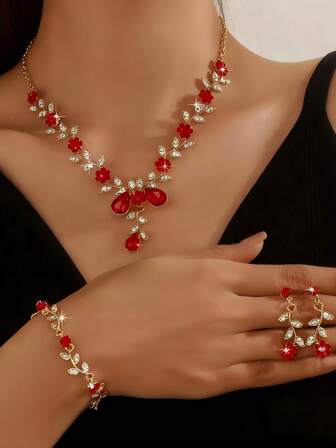 4pcs Vintage Exaggerated Necklace, Earrings, Bracelet Jewelry Set, Luxury Crystal Jewelry Accessories For Formal Dress, New Year