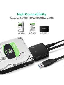 SATA 转 USB 3.0 线缆，USB 3.0 转 SATA III 硬盘适配器兼容 2.5 3.5 英寸 HDD/SSD 硬盘，克隆套件外部磁盘读取器 UASP 外壳兼容 Crucial MX500/MX300、WD Blue、SanDisk、笔记本电脑 - 黑色 - 查看 3