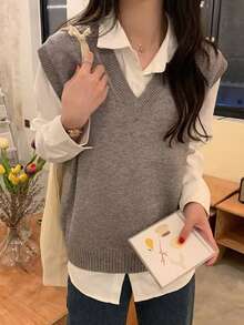 Chaleco de punto con cuello en V de color liso para mujer, adecuado para ocasiones cotidianas. - Gris - Ver 3