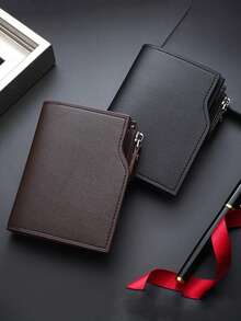 1pc Men's Solid Color Short Wallet With Side Zipper, Multi-Functional Card Slots - Multicolor - View 1