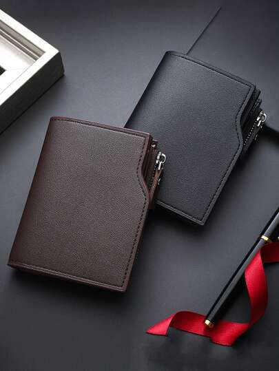 1pc Men's Solid Color Short Wallet With Side Zipper, Multi-Functional Card Slots