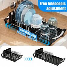 1pcs Expandable Dish Drying Rack For Sink Or Countertop, Compact Stainless Steel Dish Drainer With Removable Utensil Holder - Black - View 7