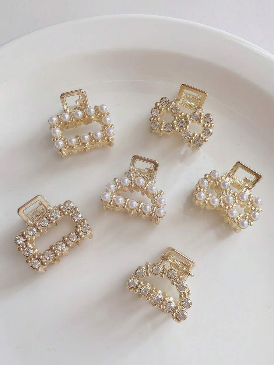 6PCS /1SET Metal Pearl Rhinestone Women Tie Their Hair With A Metal Faux Pearl Rhinestone Hair Claw On The Back Of Their Head, And A Hair Claw Is Used To Tie Their Hair Halfway Back Of Their Head,Hair Clip Accessories Suitable For Women , Gifts For Women,Suitable For Daily Hair Styling Use Women Claw Clip Fashion Hair Clutch - Gold - View 1