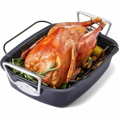 D Extra Large Turkey Roasting Pan With Rack U-Shaped 18.7*13.6 Inch Nonstick Roaster Pan For 25 Lb Turkey And Chicken Deep Turkey Tray For Oven Wider Handles 0.8 Mm Heavy Duty Steel Gray