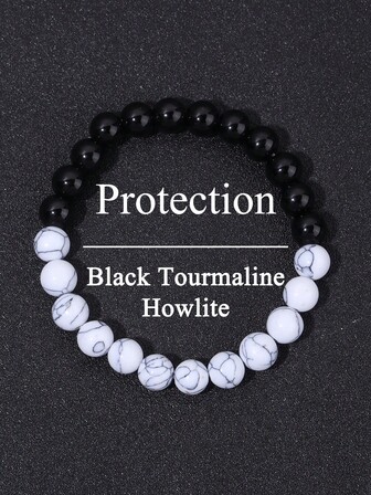 Boho Style Powerful Protection Bracelet White Howlite & Black Tourmaline Stone Beads Bracelet For Women Men Energy Yoga Stretch Meditation Jewerly, Calmness, Confidence
