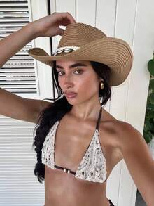 Sexy Retro Hollow Crochet Triangle Two Pieces Swimsuit - White