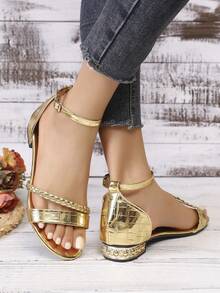 Women's Elegant Casual Sexy Bohemian High Heel Sandals With Strap Diagonal Woven Decor, Solid Color, Suitable For Vacation And Outdoor Wear In Summer - Gold - View 5
